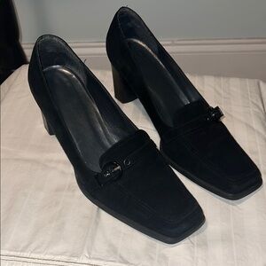 Stuart Weitzman Suede Square Toe Loafers Buckles Chunky Block Heels